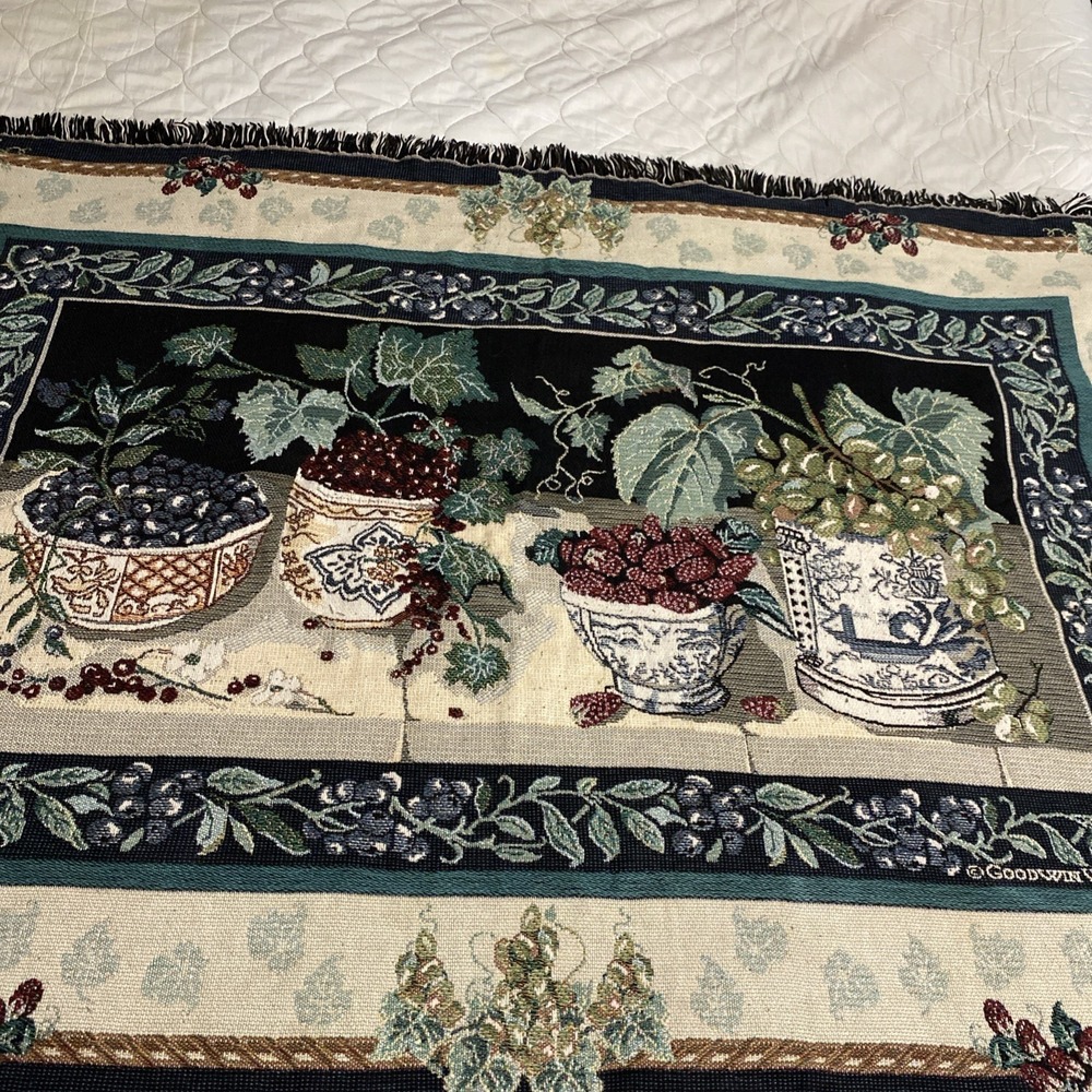 Goodwin Weavers Tapestry Fruit Throw USA 65"x 45" Fringe Grapes and Berries